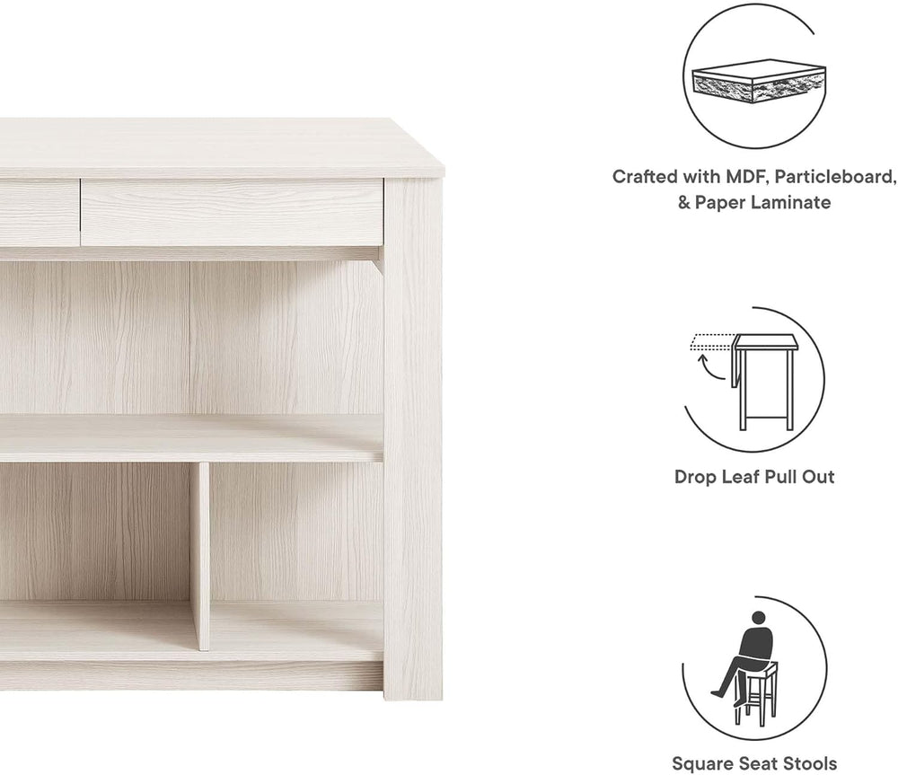 Modway Meadowbrook 3-Piece Kitchen Island with Seating and Drop-Leaf Table in...