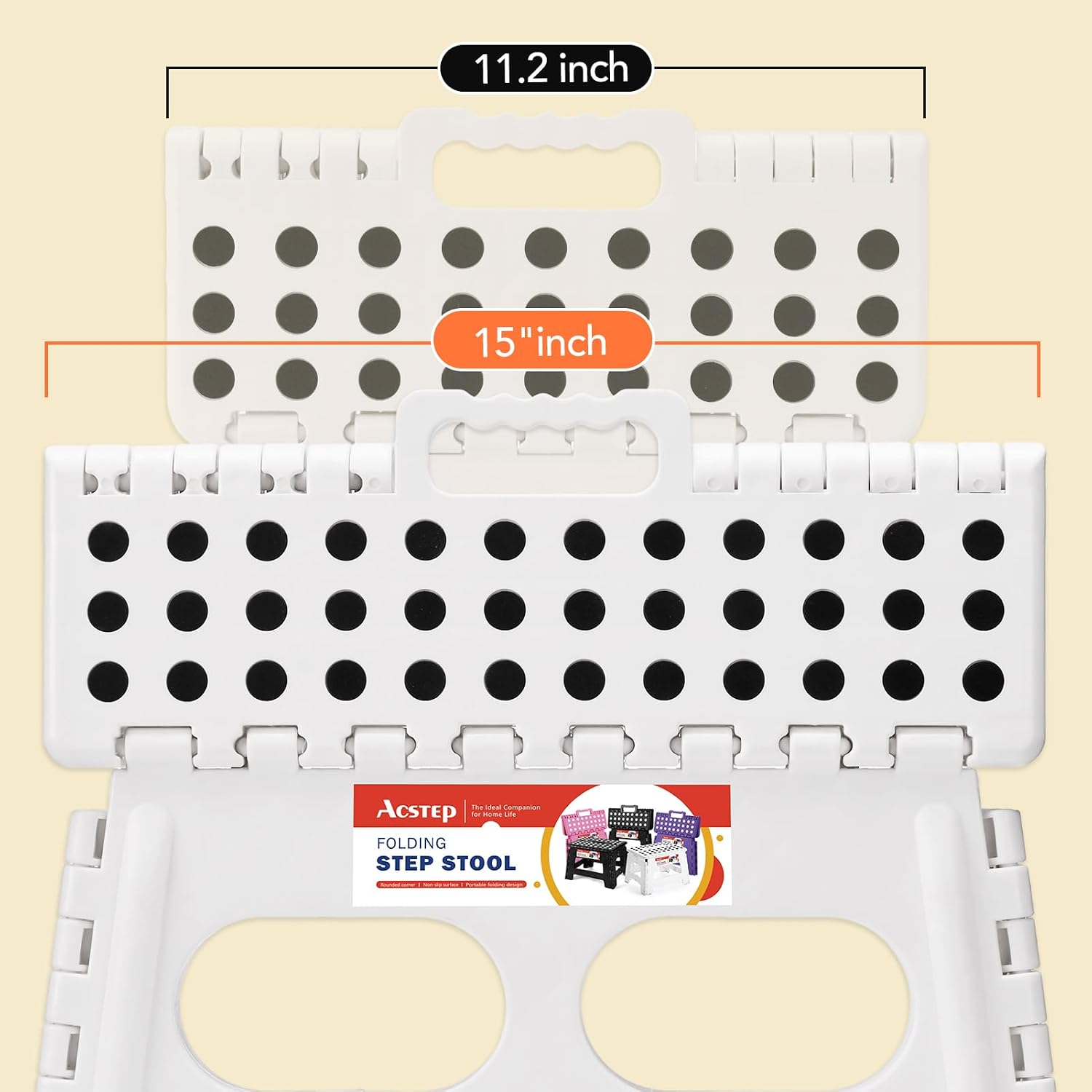 ACSTEP 9 Inch Wide and 9 Inch Folding Step Stool 2-Piece Set, 300 LB Capacity Plastic Foldable Stools with Handle, Non-Slip Step Stool, Home Use (White & White)