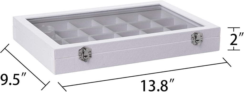 Frebeauty Velvet Jewelry Tray,24 Grid Jewelry Organizer with Clear Lid,Earring Holder Organizer with Clasp,Drawer Insert Rings Pendants Brooches,13.8 x 9.5 x 2 Inches,Gift for Women Girls(White)