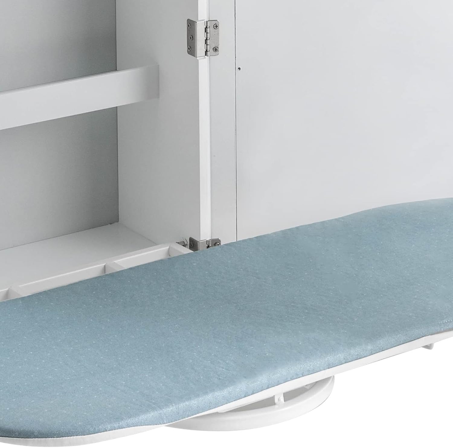 Wall Mounted Ironing Board Cabinet with Storage and Miror Door, 180° Swivel Ironing Boards with Garment Hooks, Foldable Ironing Storage Station for Home, Laundry Room, White
