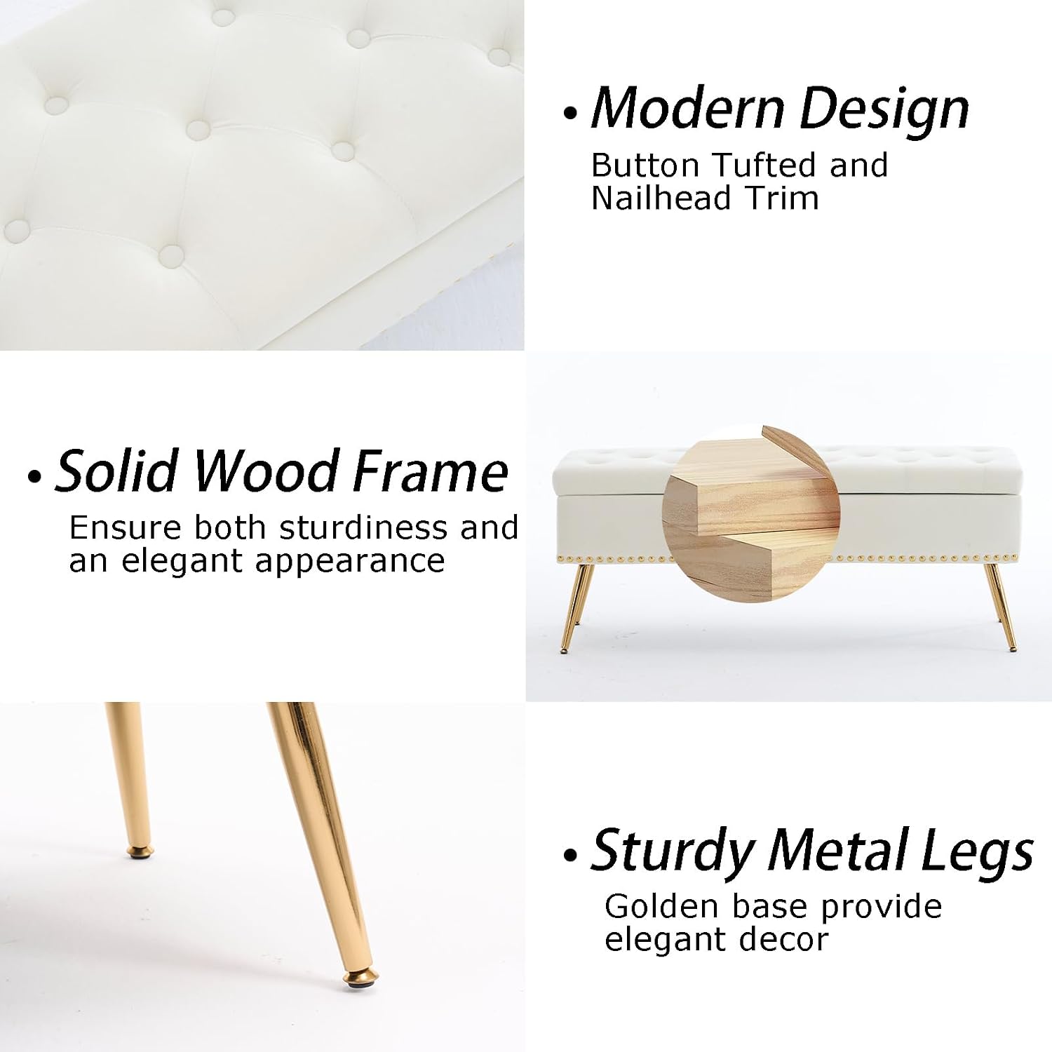 46" Ivory White Velvet Storage Bench with Gold Legs Nailhead Trim | Tufted Ottoman, End of Bed Bench, Upholstered, For Bedroom/Living Room/Window/Entryway/Dining Bench, Modern, Rectangle