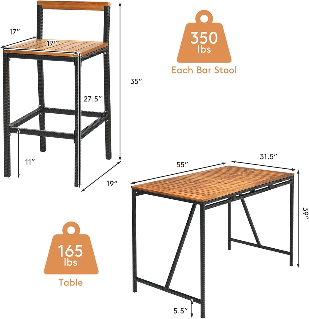 Tangkula 7-Piece Acacia Wood Bar Set with Patiojoy Outdoor Rattan High-Dining...