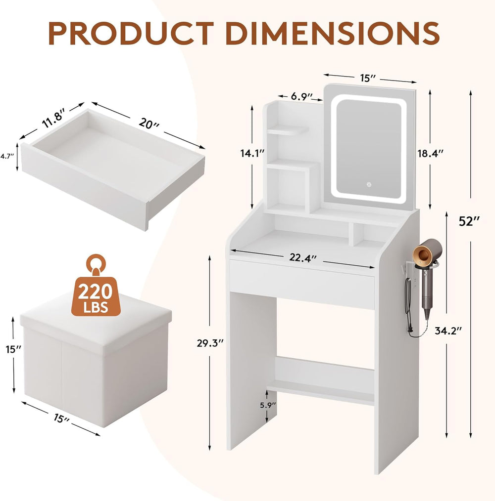 LIVELYGLOW 24" White Small Vanity Set with Lighted Mirror & Storage ...