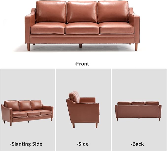 Kingfun 80" Faux Leather Sofa, 3 Seater Couch, Mid Century Modern Couches with Solid Wood Legs for Living Room & Bedroom, Dark Brown