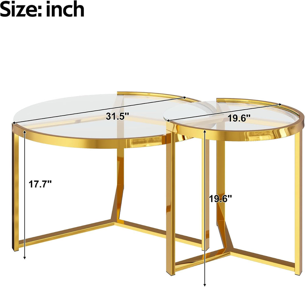 Glass Nesting Coffee Table Set with Metal Frame & Glam Design, Transparen...