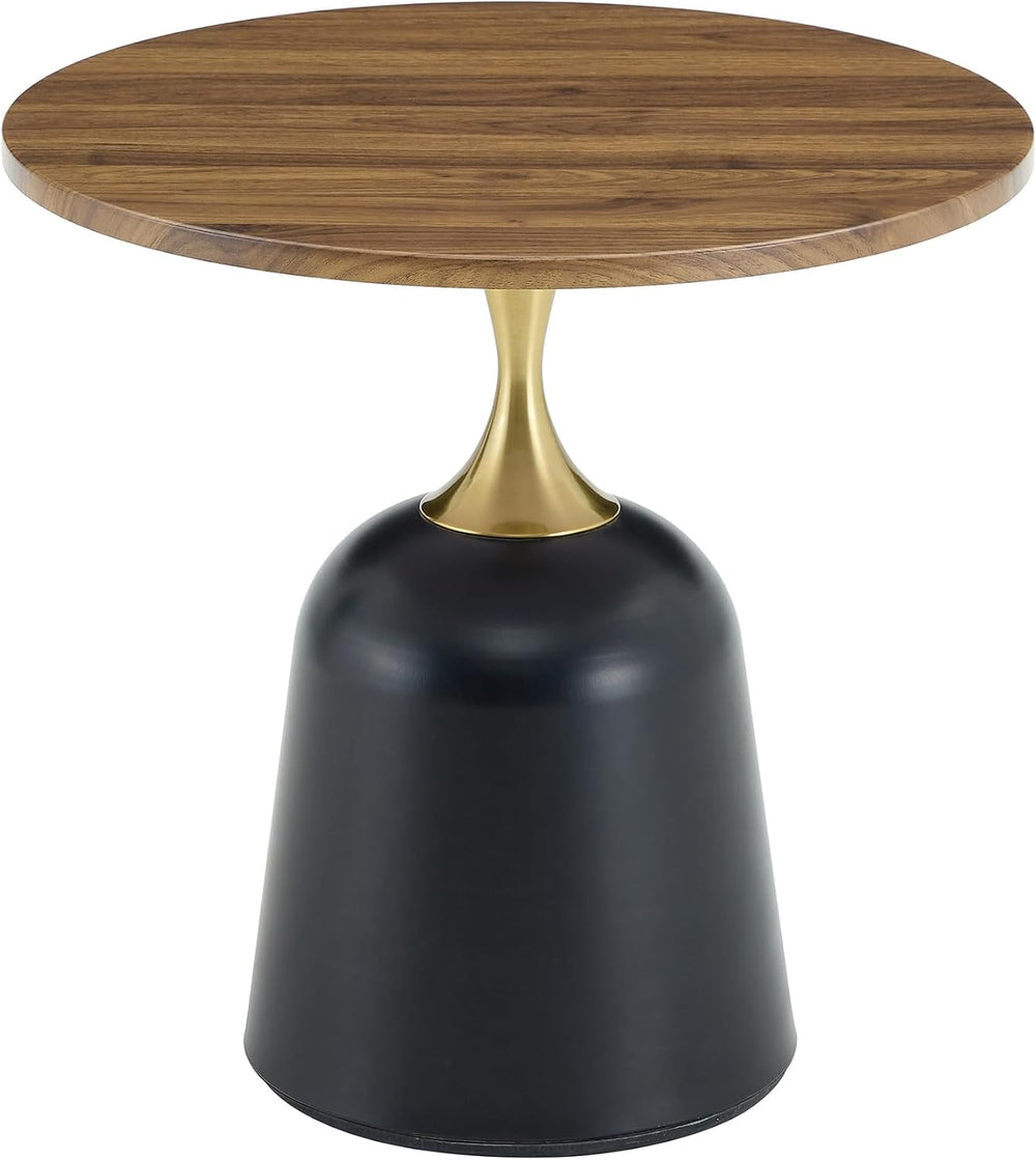 Round Side Table with Walnut Wood Grain Top, Black Metal Base with Gold Accen...