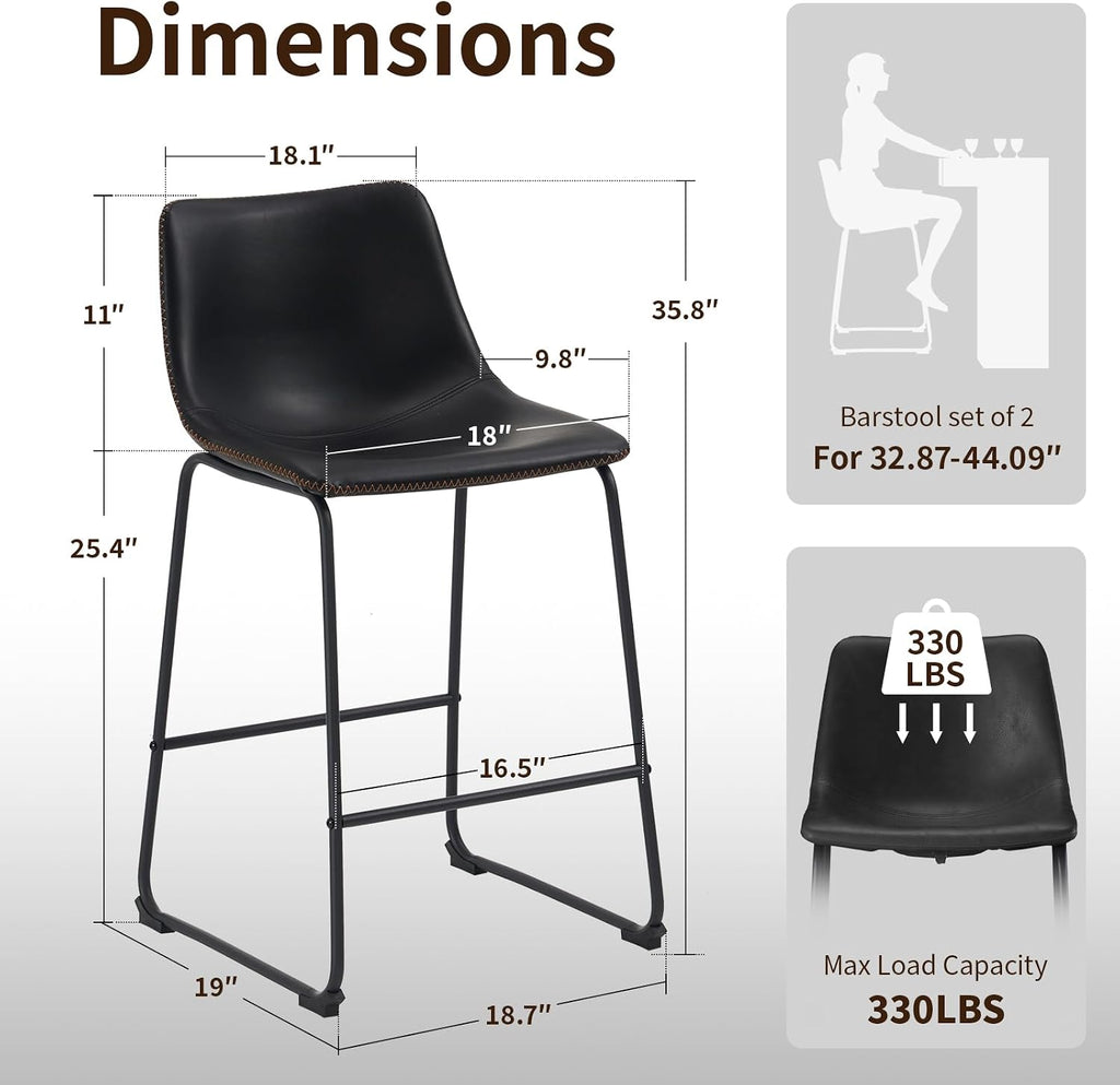 STOOLINK Counter Height Bar Stools Set of 2, 26 Inch Faux Leather Bar Stool | Bar Stools with Back, Bar Chairs, Modern, Kitchen Island, Metal Legs, Heavy Duty, Waterproof, Living Room, Black