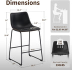 STOOLINK Counter Height Bar Stools Set of 2, 26 Inch Faux Leather Bar Stool | Bar Stools with Back, Bar Chairs, Modern, Kitchen Island, Metal Legs, Heavy Duty, Waterproof, Living Room, Black