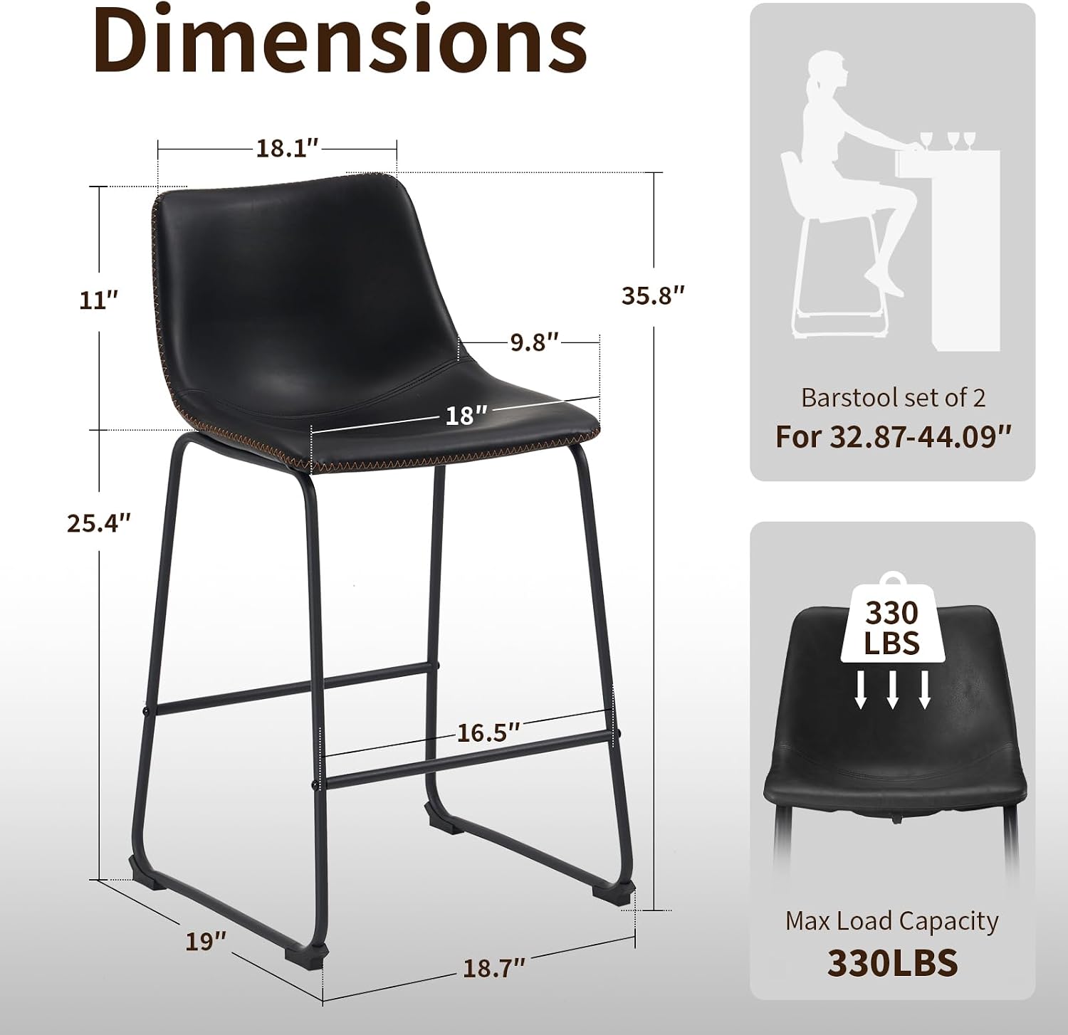STOOLINK Counter Height Bar Stools Set of 2, 26 Inch Faux Leather Bar Stool | Bar Stools with Back, Bar Chairs, Modern, Kitchen Island, Metal Legs, Heavy Duty, Waterproof, Living Room, Black