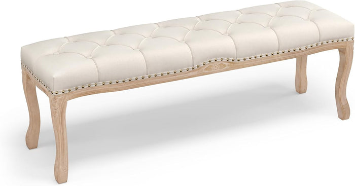 Cozyman Bedroom Bench, French Vintage Entryway Bench 52.5" Carving Upholstered End of Bed Bench with Distressed Wood Legs, Linen Ottoman Seat for Living Room King Size Bed, Beige