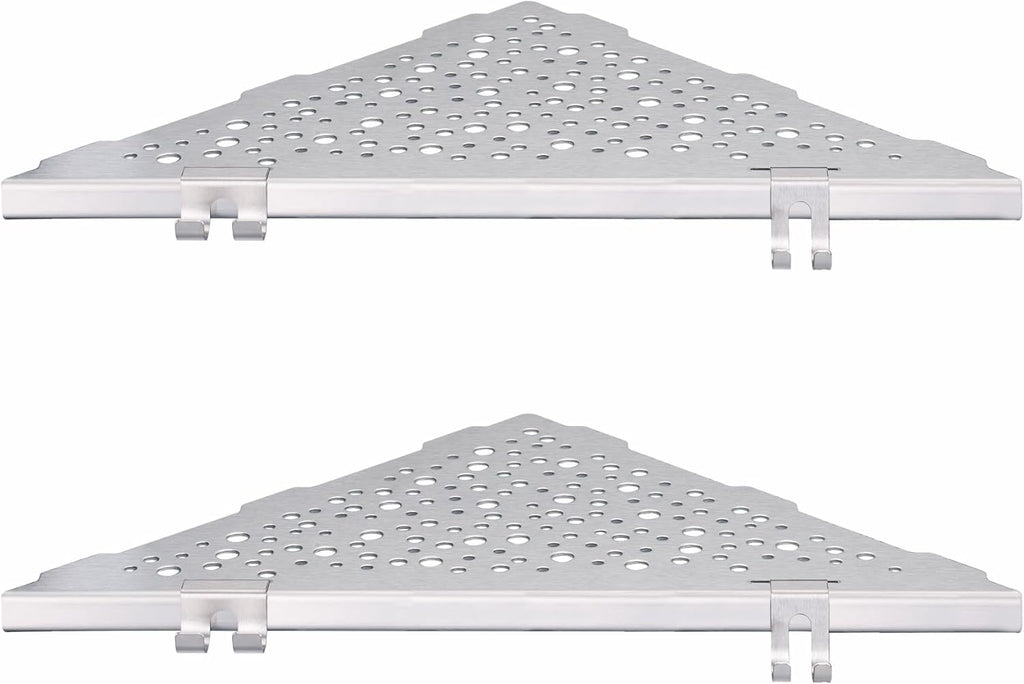 Shower Corner Shelf with 4 Hooks,No-Drill 10" Brushed Nickel 304 Stainless Steel Recessed Shelves for Bathroom Tile Walls,2-Pack