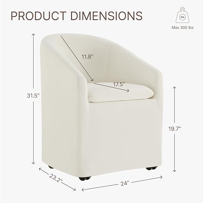 Upholstered Dining Chairs with Casters, Washable Cover Modern Dining Room Chairs with Barrel Backrest & Armrest, Vanity Chair with Wheels for Kitchen, Living Room, Bedroom, Linen Fabric, 1PCS