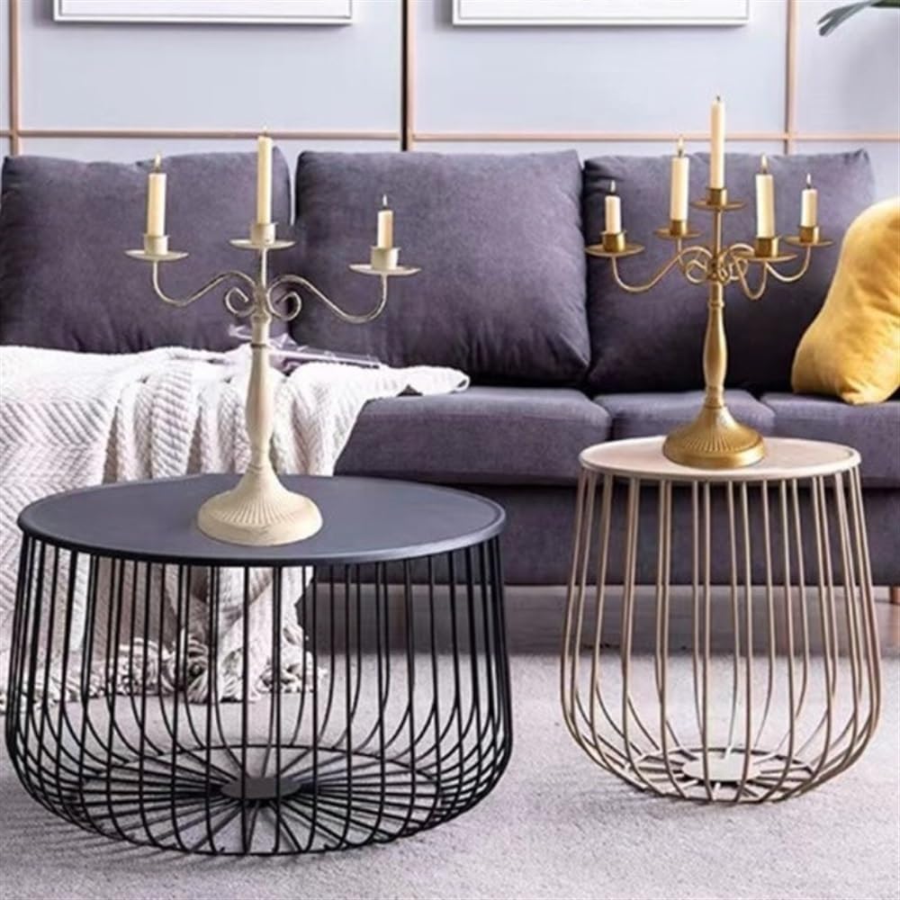Round Side Table with Storage Shelf, Industrial Accent Furniture with Steel F...