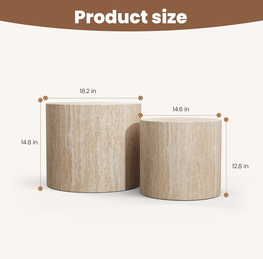 WXFKLDJ Round Nesting Coffee Table Set of 2, Wood Side Table, Travertine | Mo...