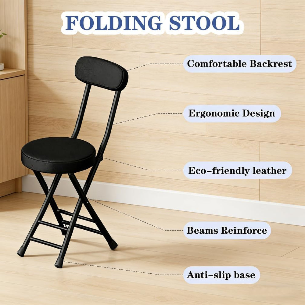 Folding Stool with Back, Padded Leather Round Foldable Stool, Foldable Bar Ch...