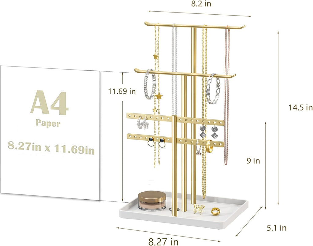 pickpiff Jewelry Stand Holder Organizer: 14.5" Sturdy Hanger for 80 Pcs Jewelry, Gift for Women, Gold Jewlery Tower for Necklace, Earring, Bracelet
