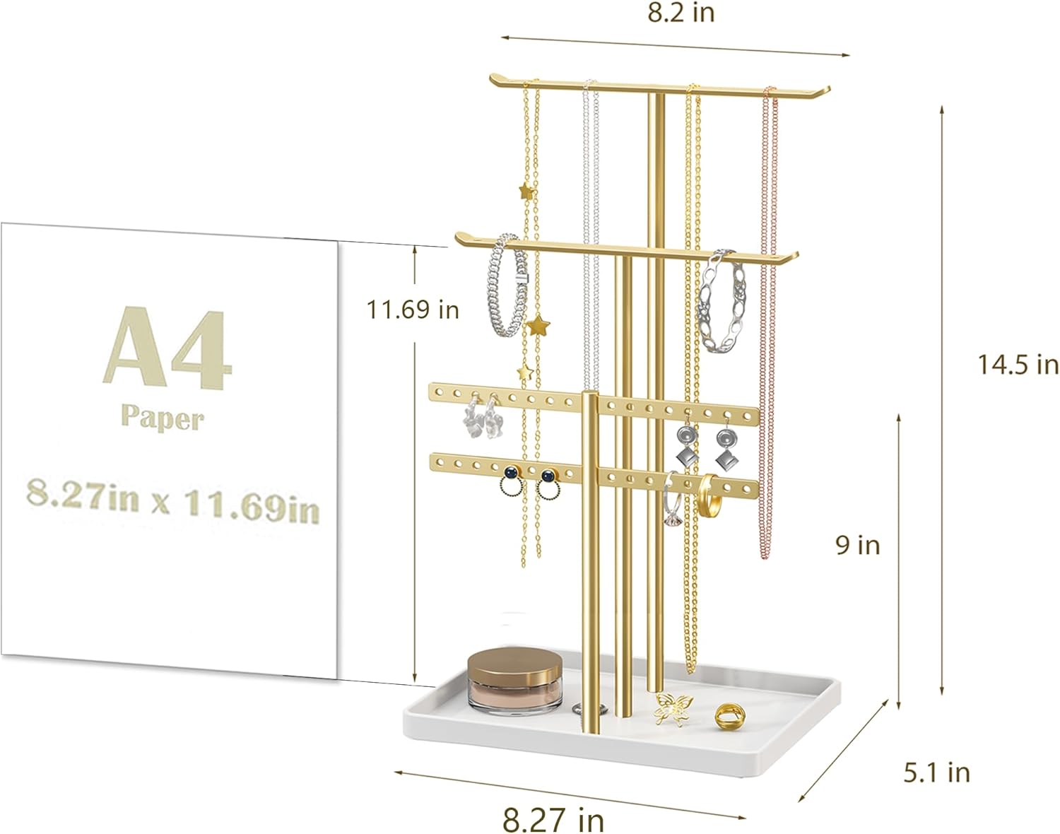 pickpiff Jewelry Stand Holder Organizer: 14.5" Sturdy Hanger for 80 Pcs Jewelry, Gift for Women, Gold Jewlery Tower for Necklace, Earring, Bracelet