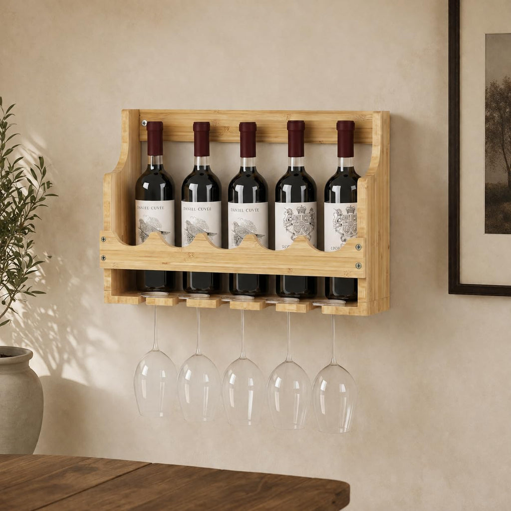 Wine Rack Wall Mounted, Adjustable Wine Rack with Wine Glass Holder, 5-Bottle Floating Shelves for Wall, Wall Hanging Wine Storage for Kitchen Bar Home Decor, Bamboo, Natural