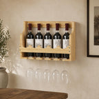 Wine Rack Wall Mounted, Adjustable Wine Rack with Wine Glass Holder, 5-Bottle Floating Shelves for Wall, Wall Hanging Wine Storage for Kitchen Bar Home Decor, Bamboo, Natural