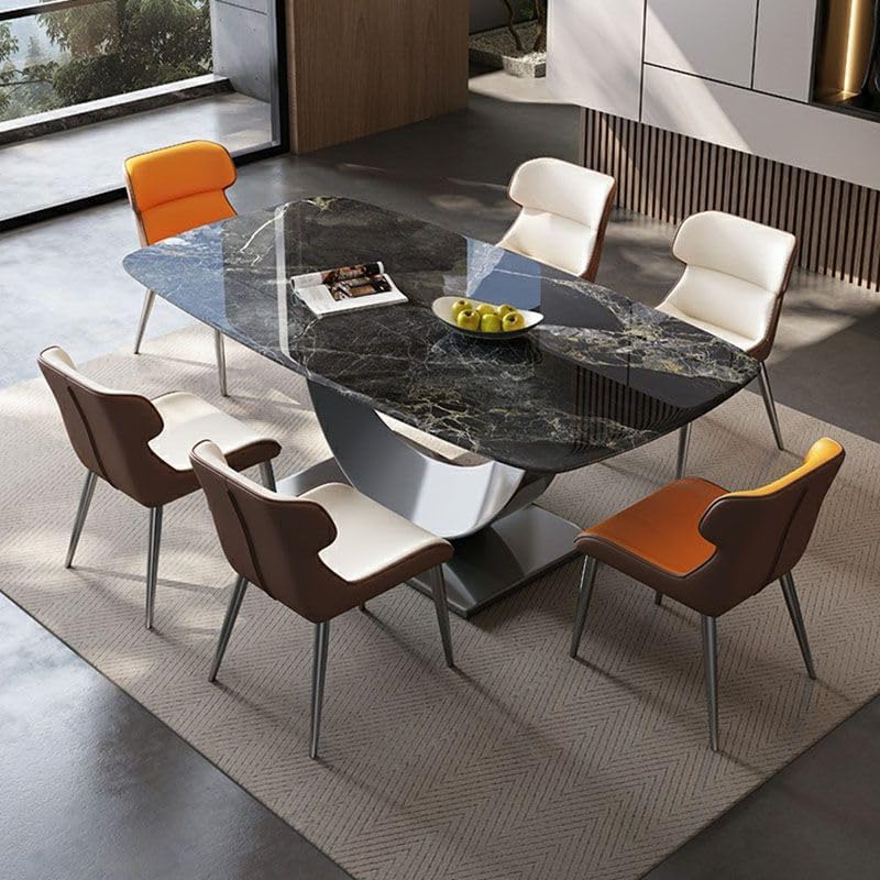 LAKIQ Stone Top Dining Table with Metal Pedestal Base Rectangular Modern Dinn...