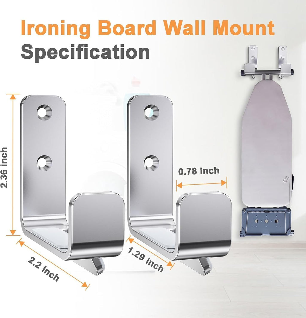 2PCS Ironing Board Wall Hook Modern Wall Mount Ironing Board Hanger for Laundry Rooms Rack Hanging Shelf Hanger Stainless Steel,Silver