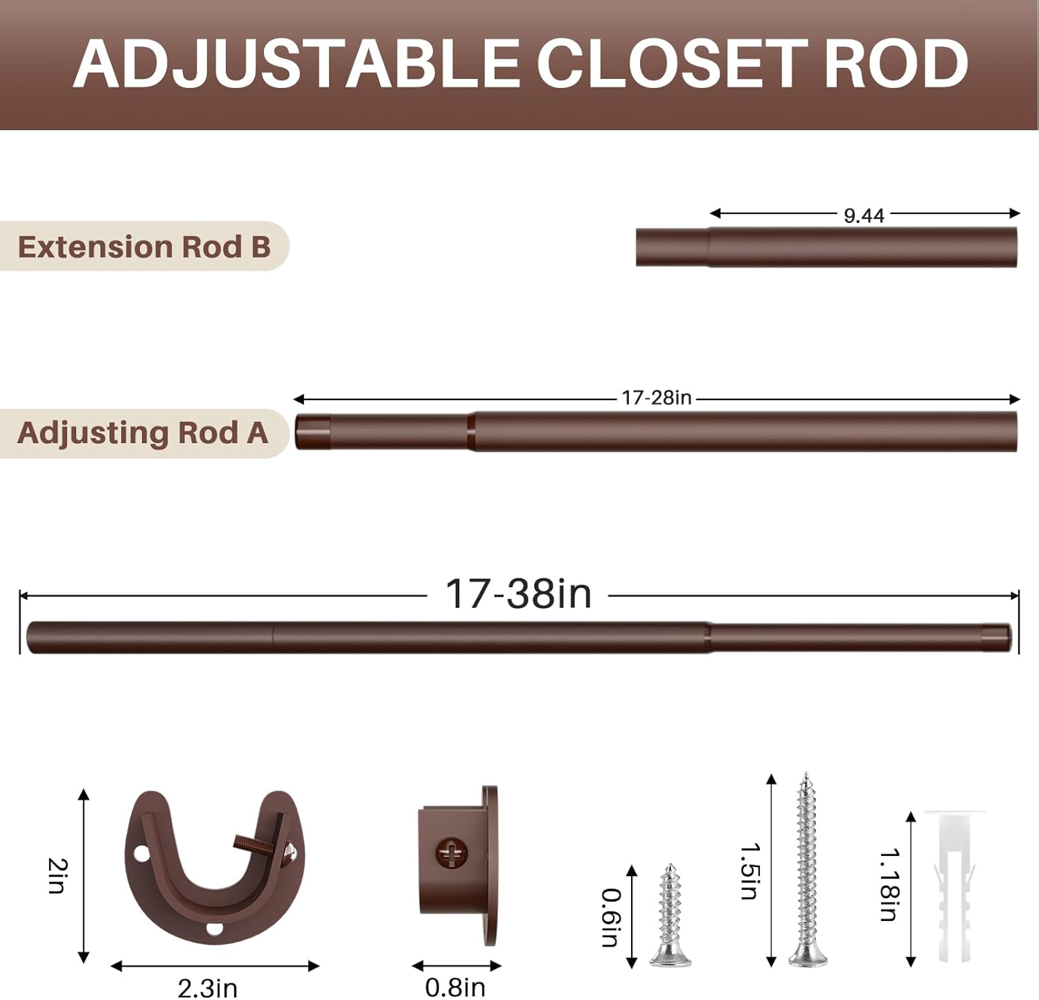 Closet Rod - Closet Rods for Hanging Clothes, 17 to 38 inch Adjustable Closet Hanging Rod, Heavy Duty Clothes Rod Clothing Bar, Closet Poles for Hanging Clothes for Wardrobes, Shower Curtain
