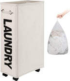 DOKEHOM 29-Inches Enlarged Slim Laundry Basket with Removable Wash Bag on Wheels, Collapsible Rolling Laundry Hamper, Foldable Narrow Corner Clothes Storage Bins (Beige)