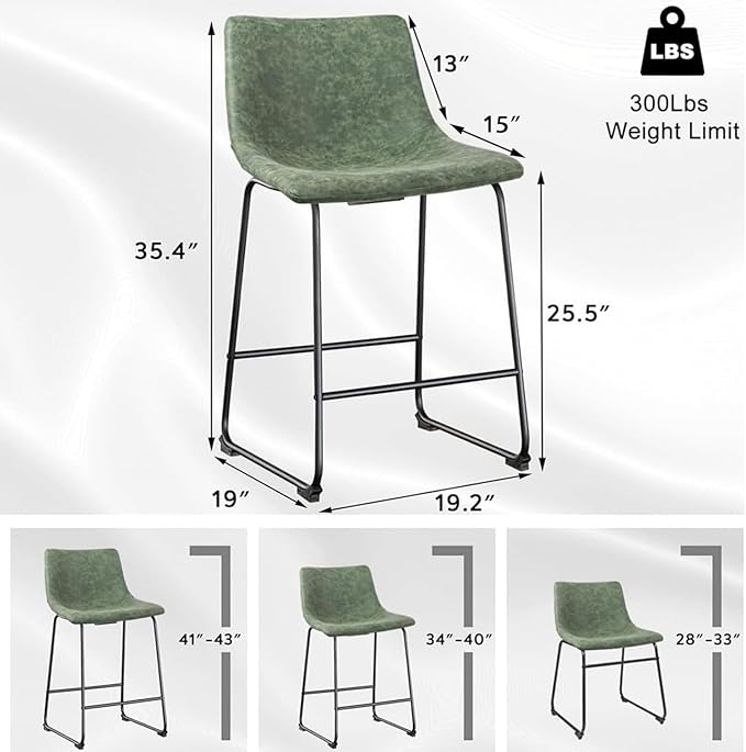 LEMBERI 26 inch Bar Stools Set of 2, Modern Counter Height Bar Stools, Faux Leather Barstool with Back and Metal Leg, Armless Bar Chairs for Kitchen Island (Green, 2pcs 26")