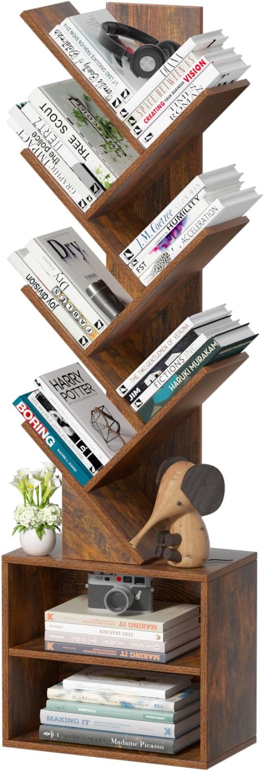 10 Tier Tree Bookshelf,Floor Standing Wood Tall Bookcase for Narrow Space, St...