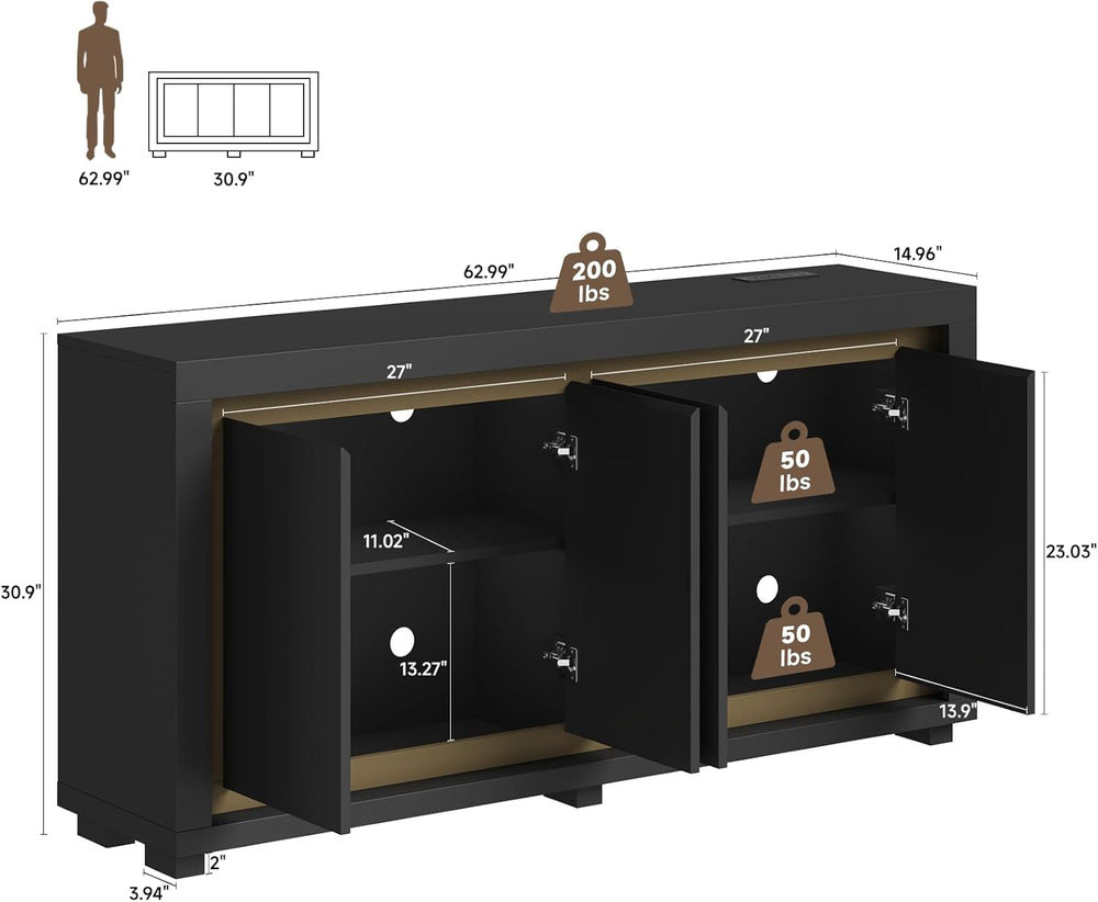 63"Sideboard Buffet Cabinet,Kitchen Buffet Storage Cabinet with Power Ou...