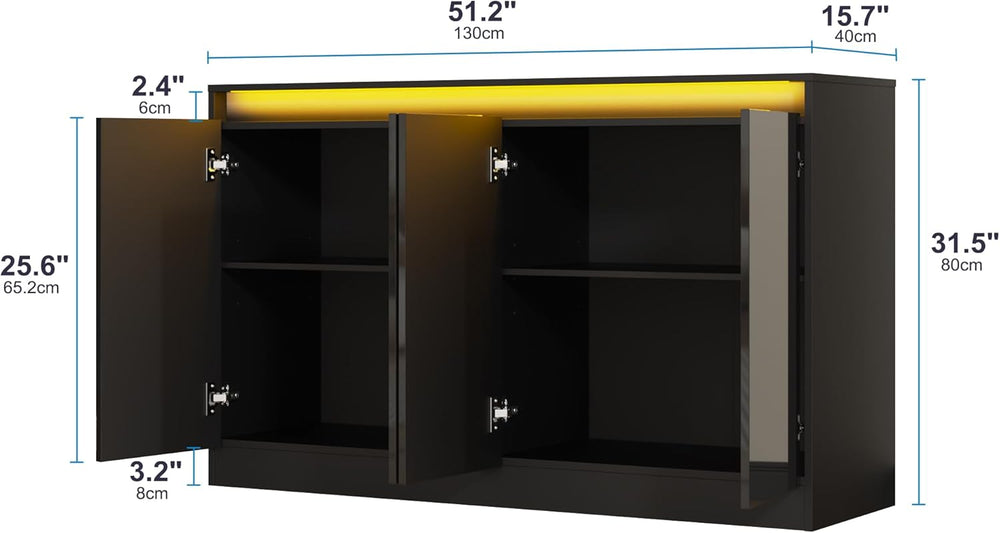 Furnify 51" W Buffet Cabinet with 4 Doors, High Gloss Sideboard Coffee B...