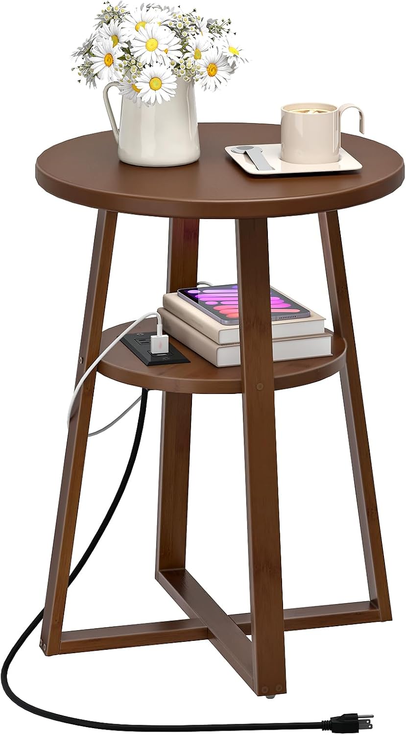 HOOBRO Round Side Table with Charging Station, Round Accent End Table with Ba...
