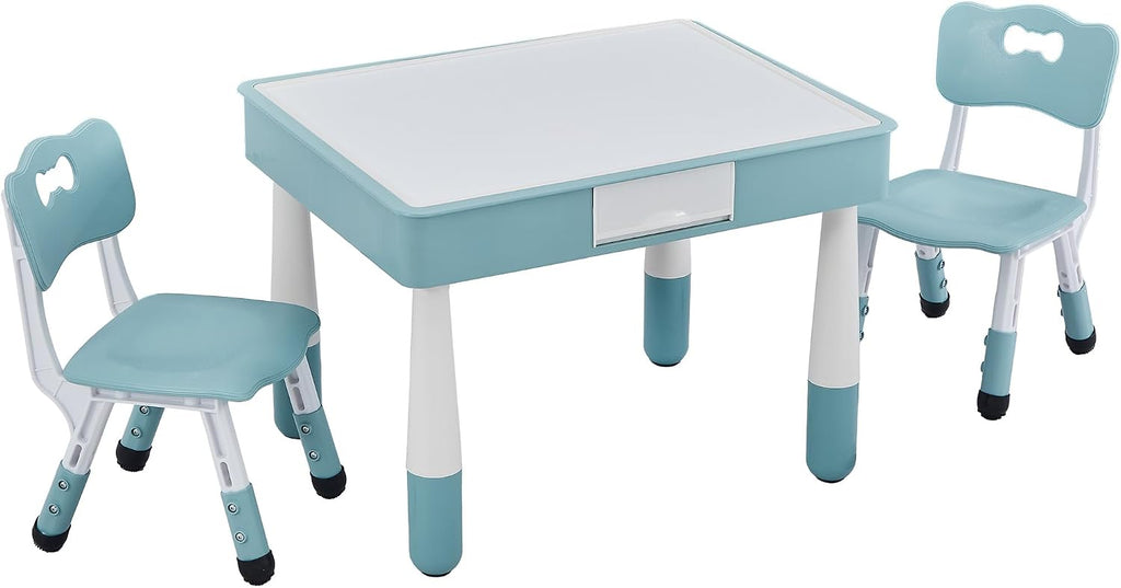 4 in 1 Kids Table and 2 Chairs Set, Toddler Table and Chair Set for Kids Ages 3-10, Activity Tables for Building Blocks/Drawing/Reading/Dining，Gift for Boy & Girl (Grayish Blue)