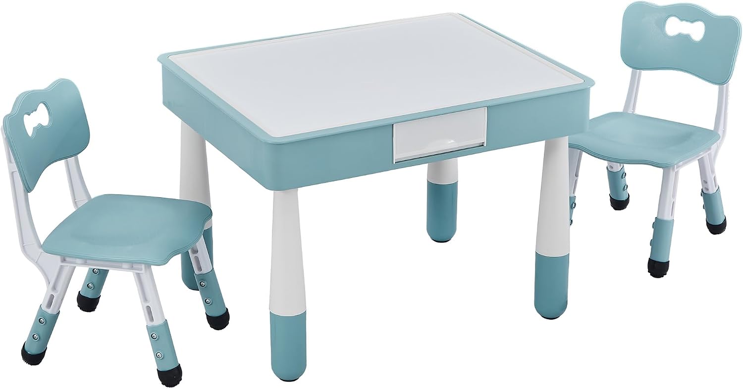 4 in 1 Kids Table and 2 Chairs Set, Toddler Table and Chair Set for Kids Ages 3-10, Activity Tables for Building Blocks/Drawing/Reading/Dining，Gift for Boy & Girl (Grayish Blue)