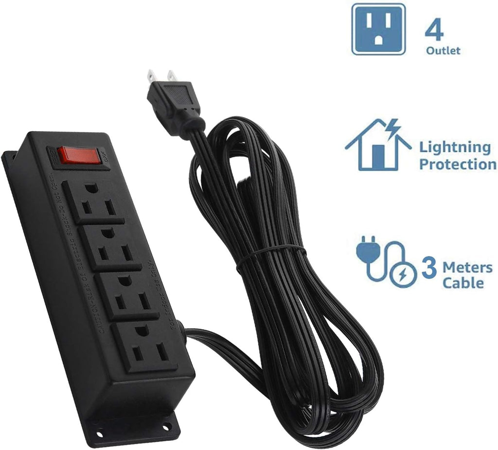 Wall Mount Power Outlet Strip, 4 Outlet Mountable Power Strip with Switch, Under Desk Power Strip Connect with 10ft Cord Mount Under Desk, Workbench, Nightstand, Dresser, Table.(Black)