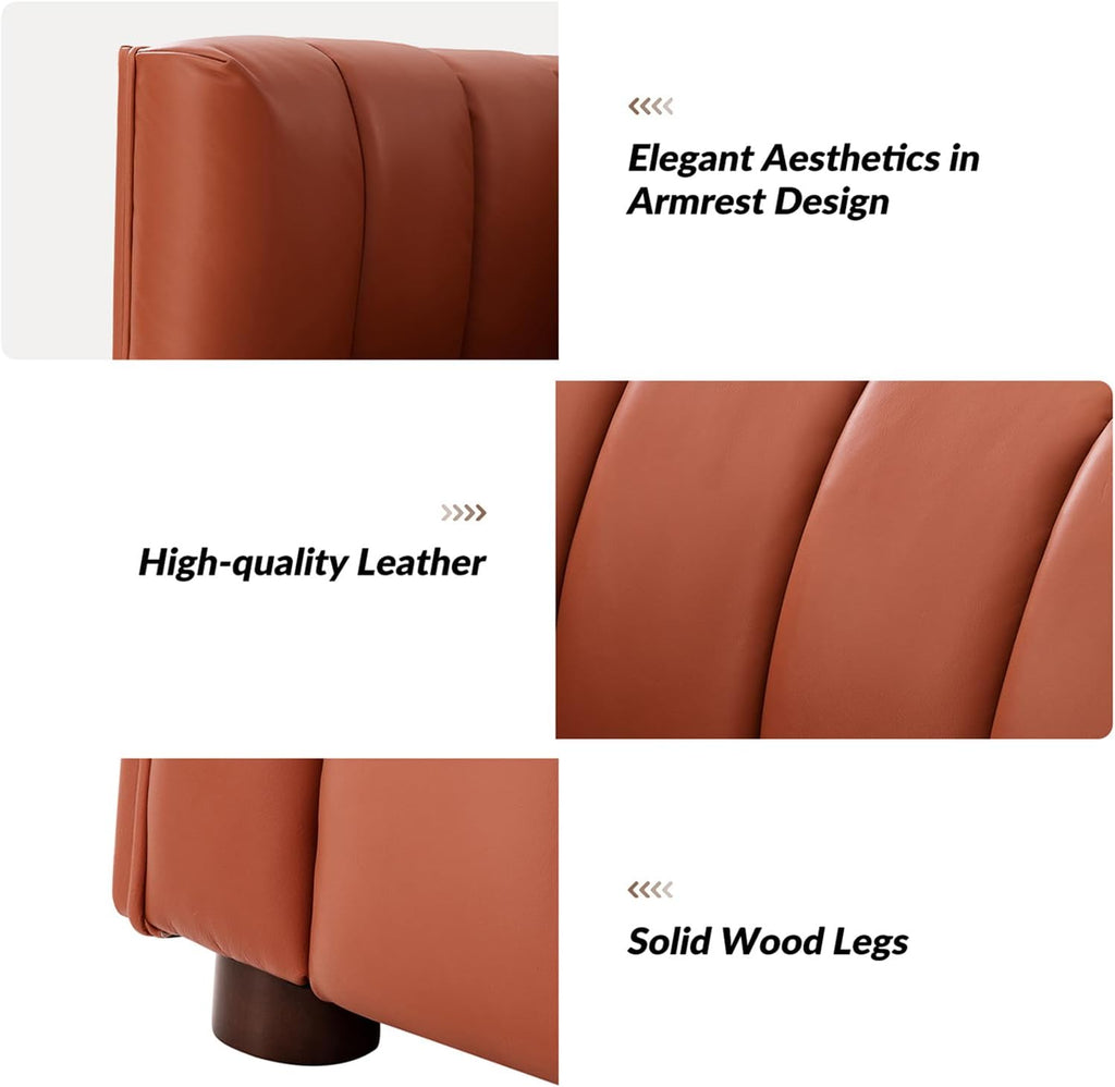 HULALA HOME 83" Genuine Leather Sofa with Channel Tufted Design, Brick | Modern 3-Seater Couch with Wood Legs, Supportive Seating, Easy Assembly, for Living Room Bedroom Apartment