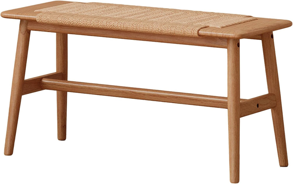 100% Solid Oak Wood Dining Bench, Hand Woven Dining Bench with Trapezoid Leg,...