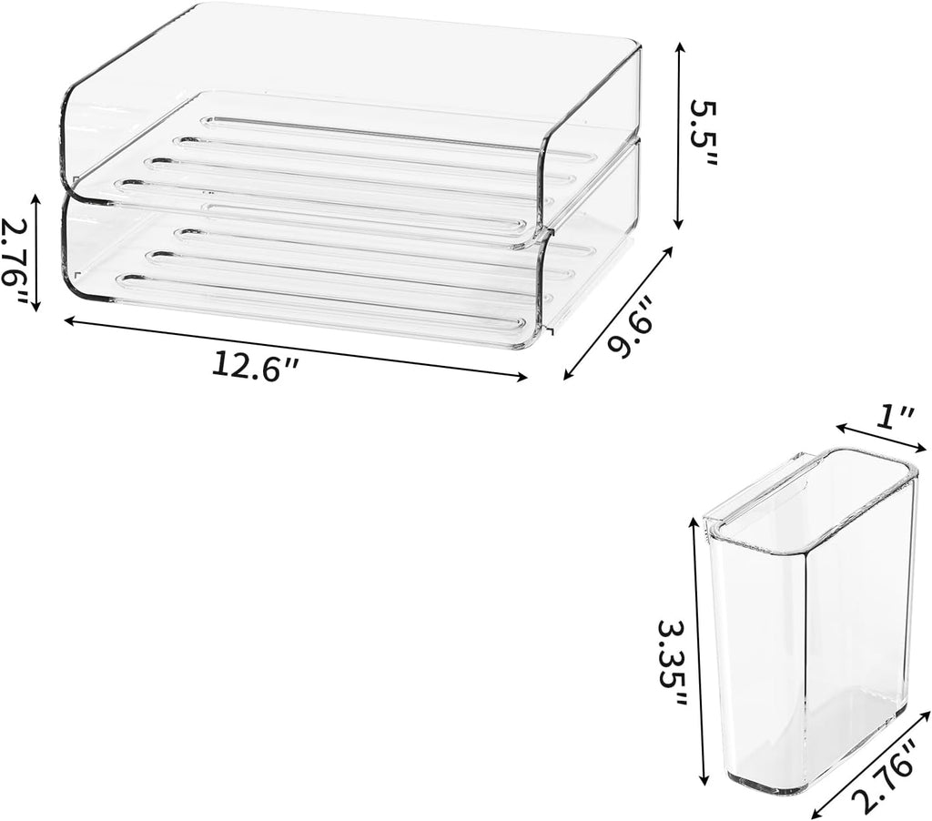 2-Tier Office Organizer with Pen Holder, Stackable Paper Tray for Files, Letters, Books, Clear Paper Folder