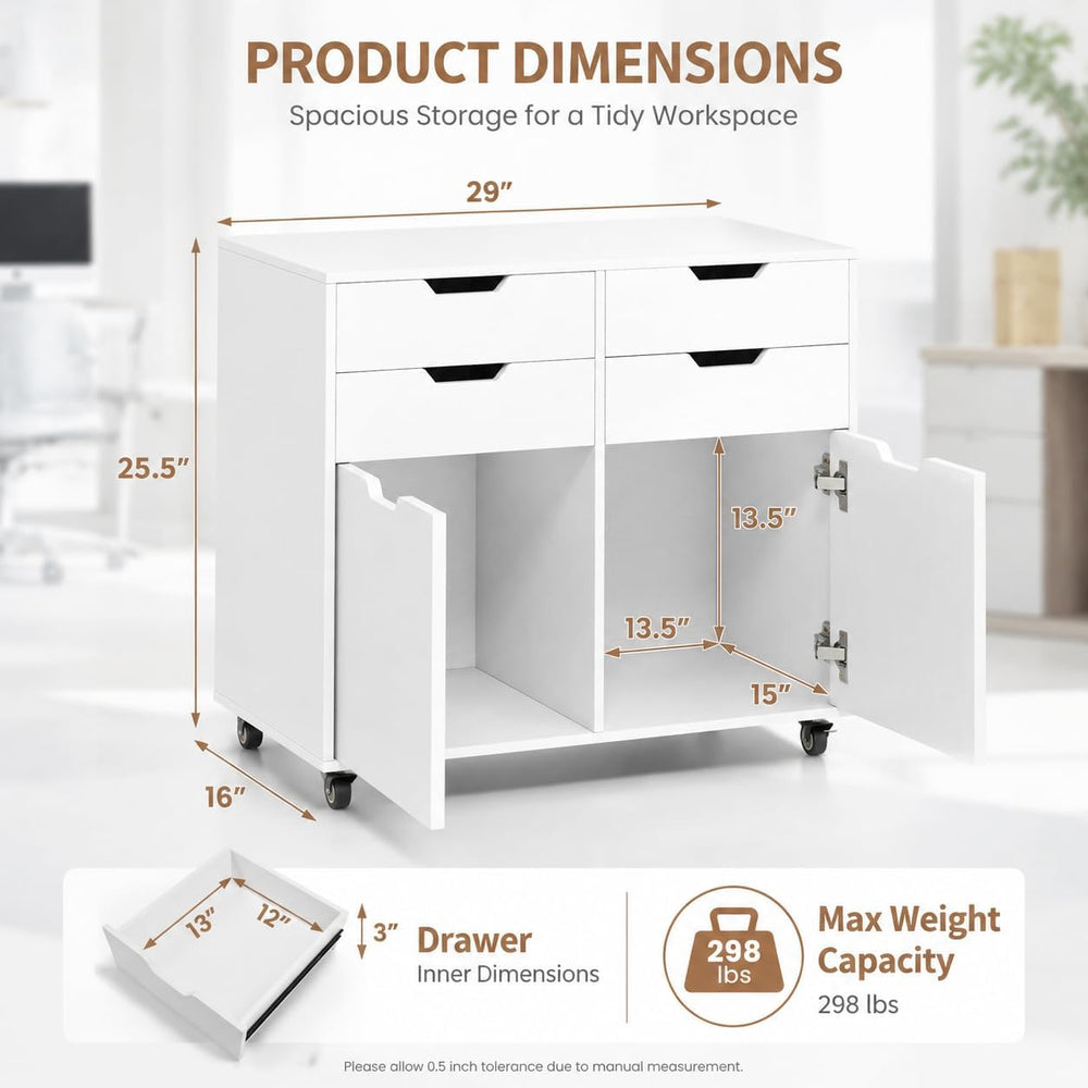 POWERSTONE Mobile File Cabinet with 4 Drawers & 2 Door, Rolling Under Des...