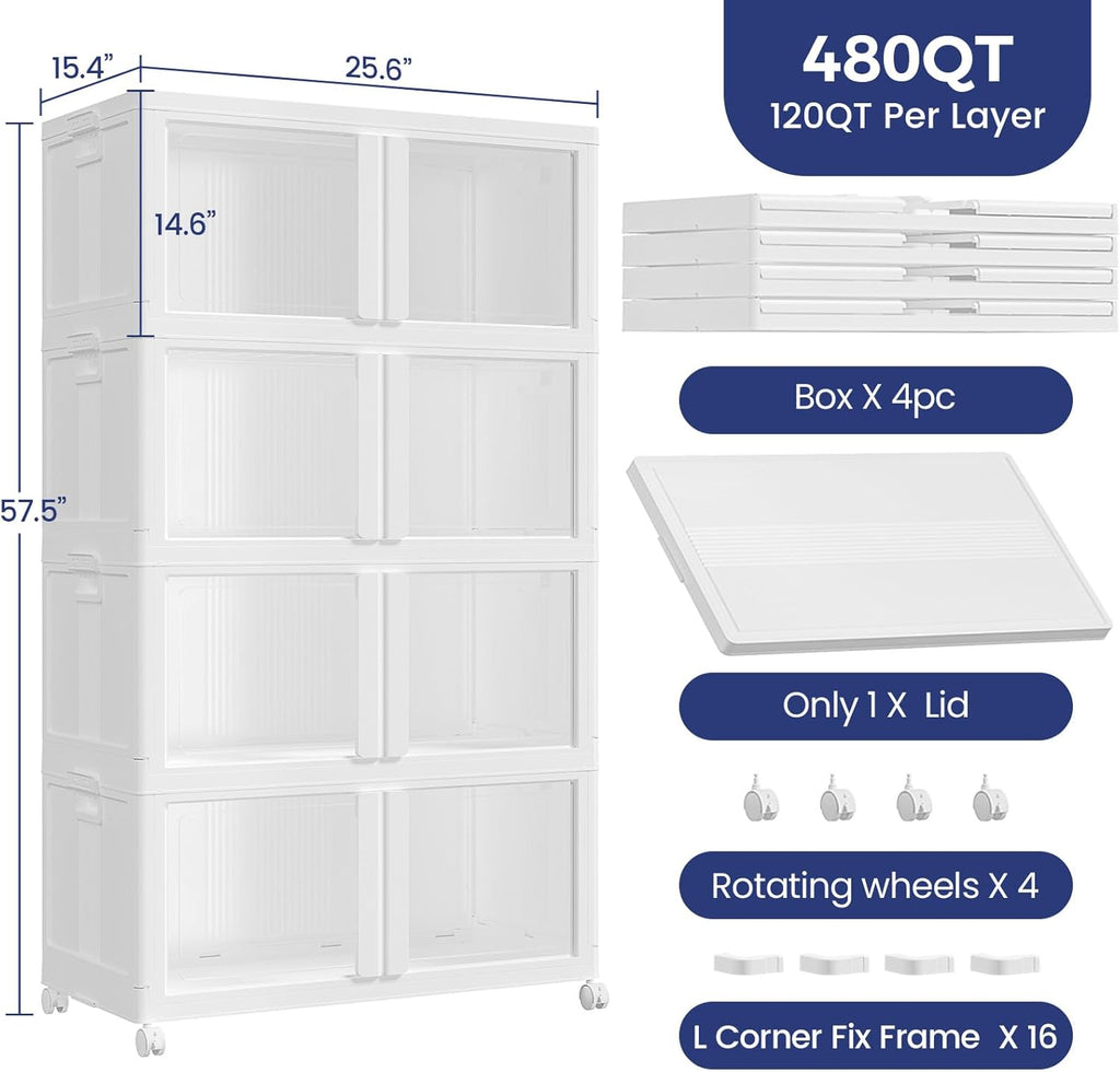 480Qt Stackable Storage Bins with Lid and Wheels, 120Gal Plastic Closet Organizer and Storage Drawer, Large Collapsible Storage Box Cabinet with Clear Door for Home Kitchen Office, 4Pack White