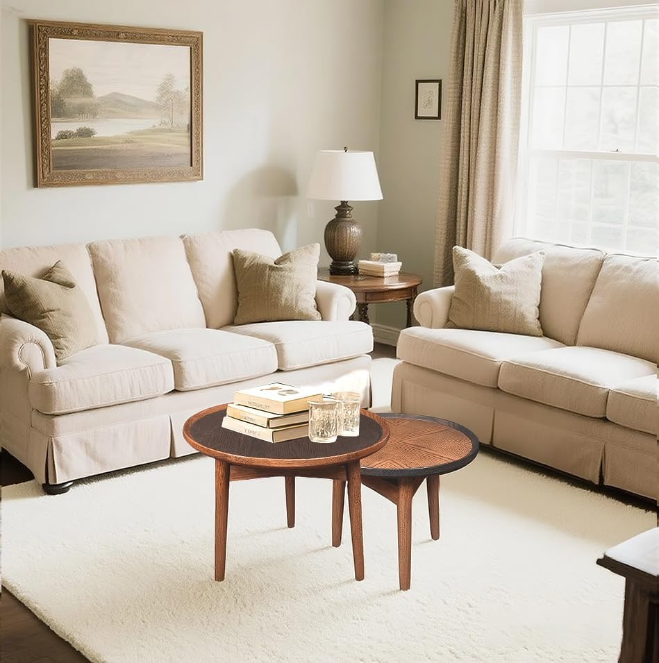 CONSDAN 24 Round Coffee Table, Solid Oak Frame & Veneer Top, USA Grown Ha...