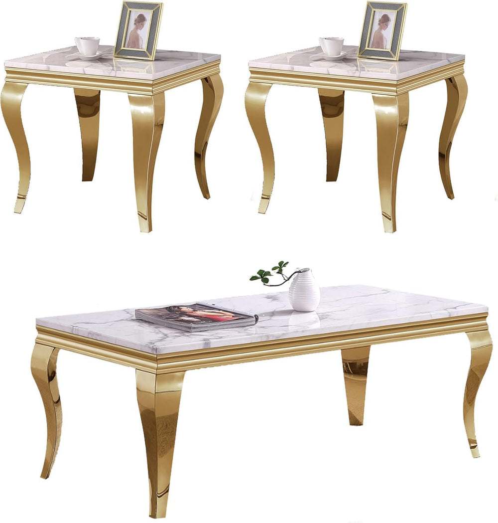 3 Piece Living Room Table Set, White Marble Coffee Table Set of 3, Modern Cof...