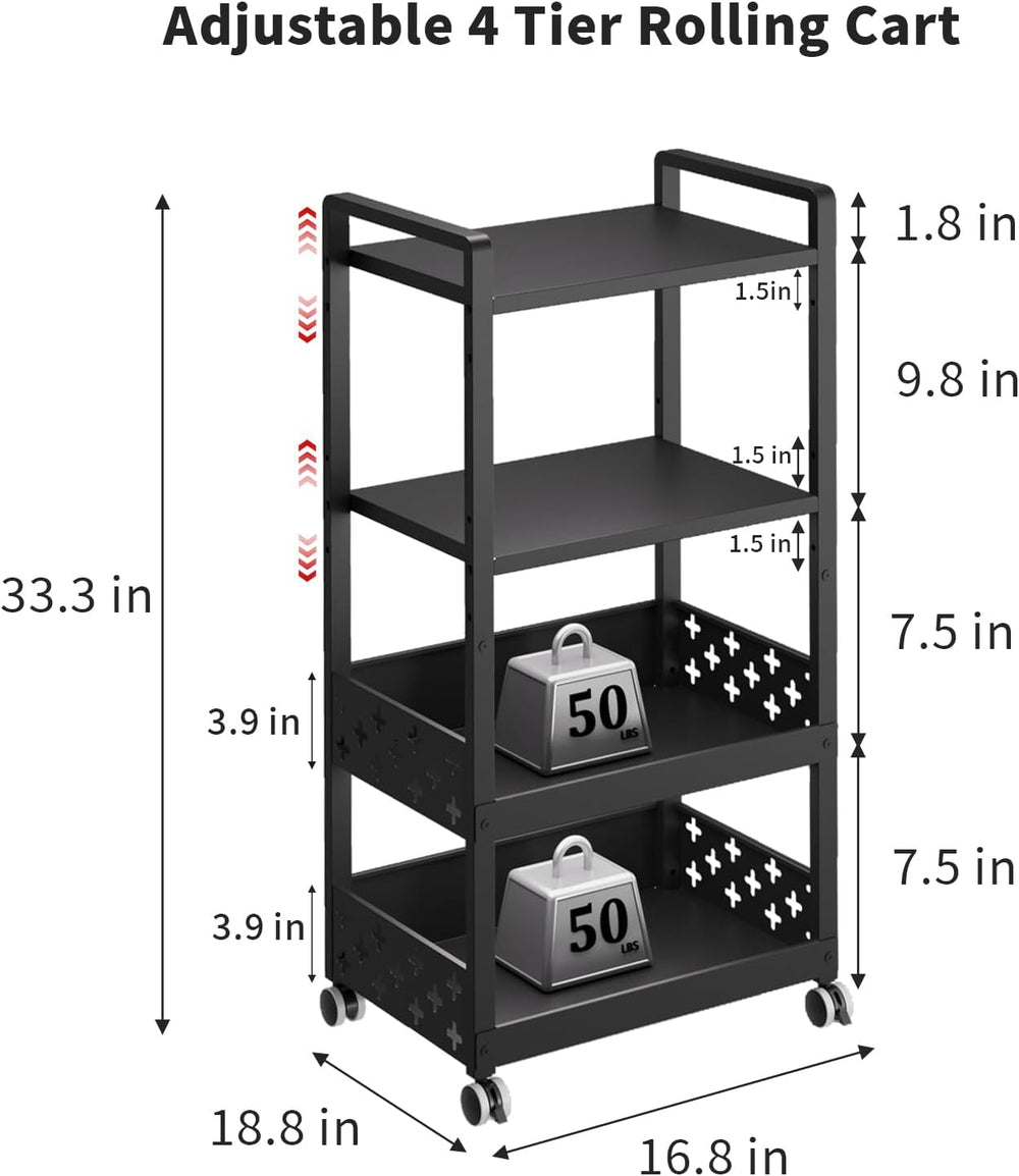 Adjustable 4 Tier Rolling Cart Metal Utility Carts with Lockable Wheels Rolli...