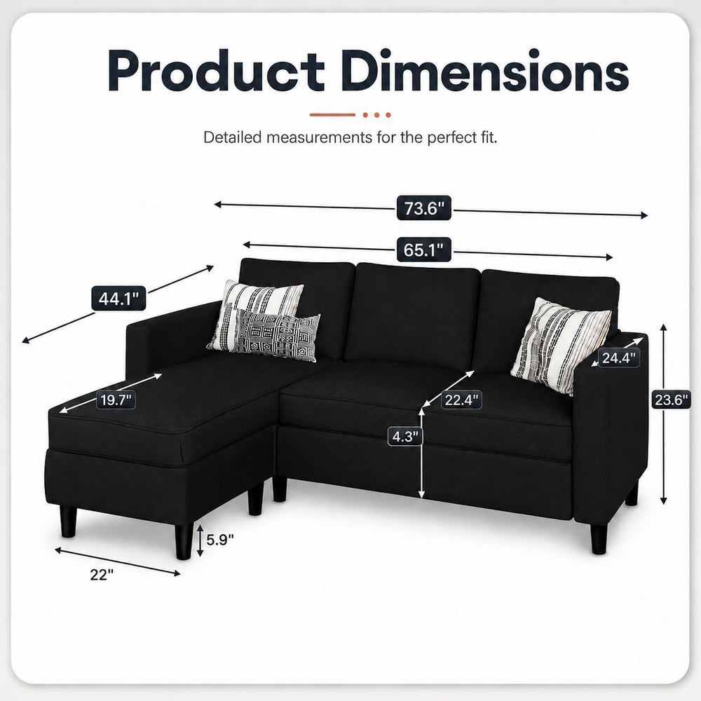 Nuturelly 73.6" L-Shaped Small Sectional Sofa with Ottoman, Black | Tool...