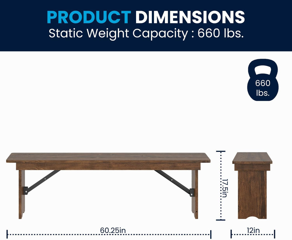 Flash Furniture Hercules 60x12 in Commercial Folding Bench, Rustic | Foldable...