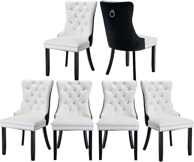 Dining Room Chairs Set of 6, Upholstered Tufted Dining Chairs with High Back, Nailhead Trim and Solid Wood Legs, Modern Dining Chair for Dining Room, White Pu Leather Splicing Black Velvet