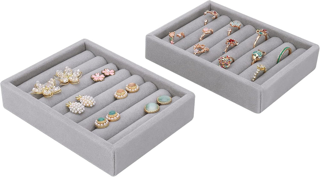 DesignSter Small Jewelry Tray, 2PCS Ring Organizer, Velvet Jewelry Display Tray, Stackable Jewelry Organizer Trays, Jewelry Drawer Organizer Inserts For Dresser, Jewelry Box (Gray)
