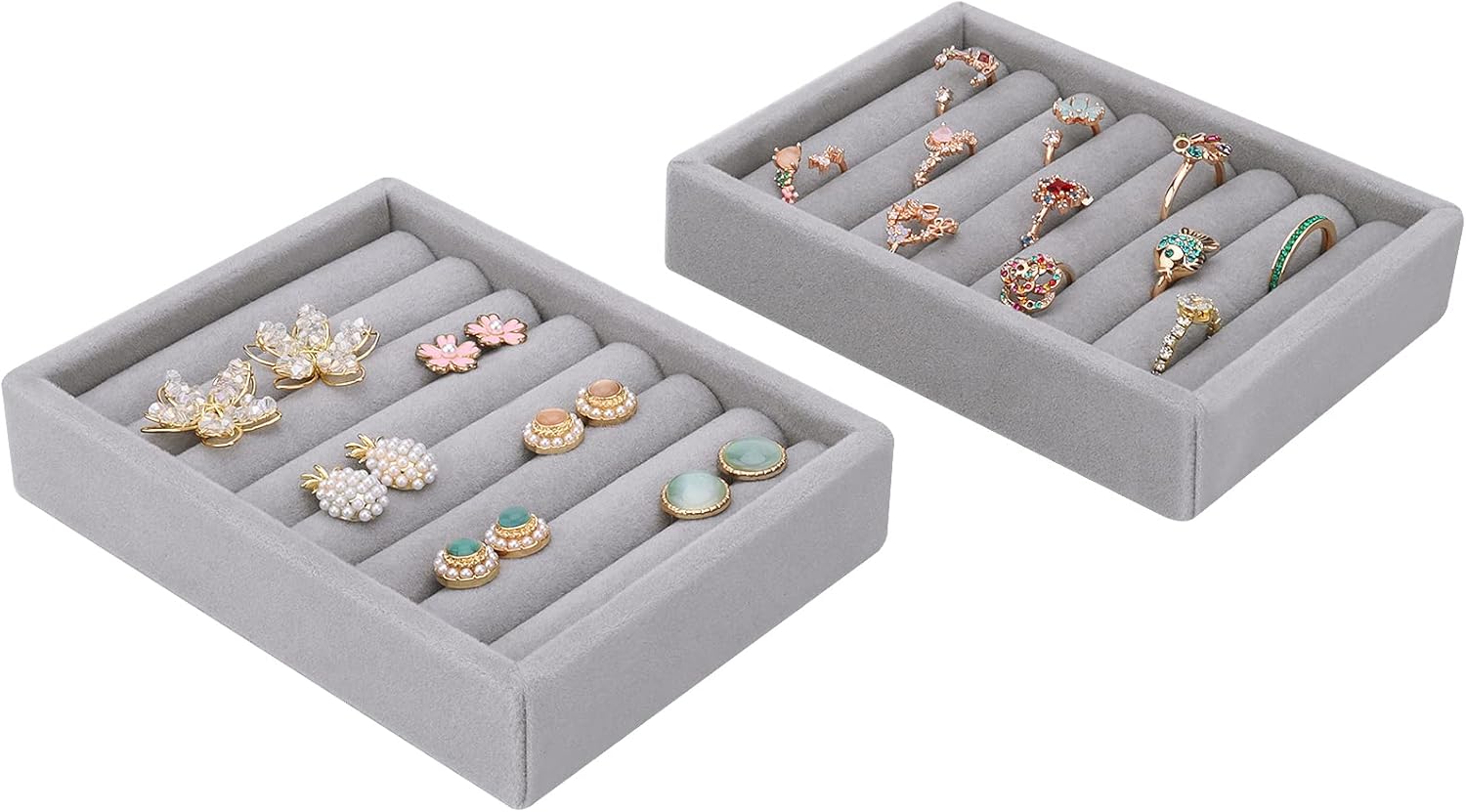 DesignSter Small Jewelry Tray, 2PCS Ring Organizer, Velvet Jewelry Display Tray, Stackable Jewelry Organizer Trays, Jewelry Drawer Organizer Inserts For Dresser, Jewelry Box (Gray)