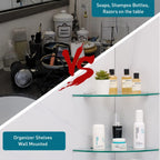 HouseMila Glass Shower Shelves - 3 Tier Corner Shelf with 3 Hangers, Drill Hole Glass Shelves for Bathroom Organizer