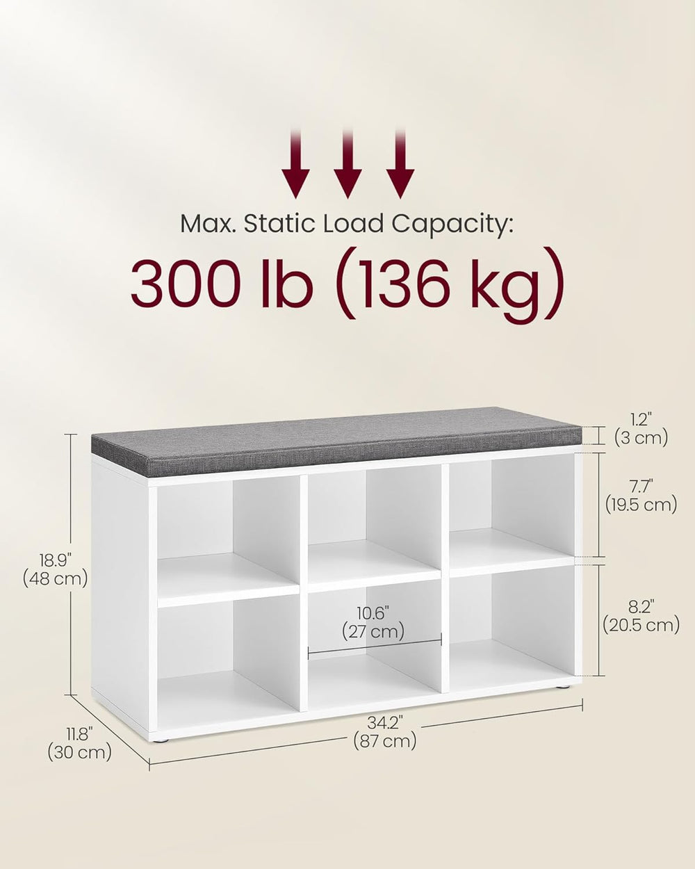 VASAGLE Shoe Bench with Cushion, Shoe Storage Bench with 6 Compartments and 3...
